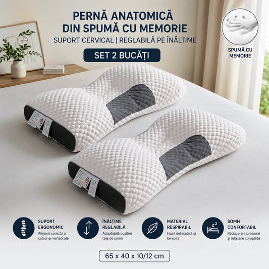 Set 2 Perne Anatomice din Spumă cu Memorie, Reglabile pe Înălțime, Suport Cervical, Husă Respirabilă, 65 x 40 cm