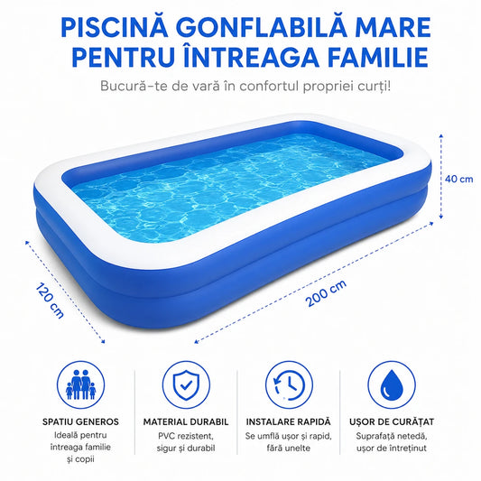 Piscina Gonflabila Mare pentru Familie 200 x 120 x 40 cm, 2 Inele de Siguranta, PVC Rezistent, Albastru
