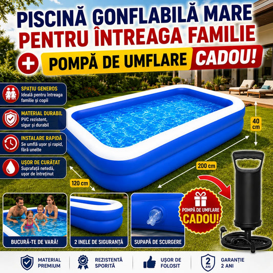 Piscină Gonflabilă Mare pentru Familie 200 x 120 x 40 cm + Pompă de Umflare CADOU | PVC Rezistent, 2 Inele de Siguranță